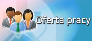 tło koloru zawiera sylwetkę trzech osób ubranych w ubrania wizytowe z białym napisem Oferta pracy