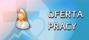 tło koloru niebieskiego na którym znaduje się zarys pielęgniarki w ubraniu medycznym koloru białego i krzyżem koloru czerwonego z białym napisem Oferta pracy