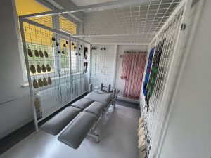 Pomieszczenie rehabilitacyjne wyposażone w ławeczkę rehabilitacyjną koloru szarego.