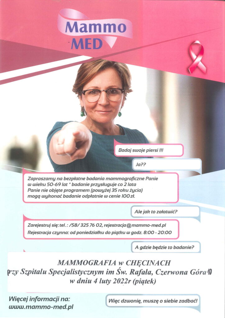 kobieta uśmiechneta zaprasza na badania mammografię