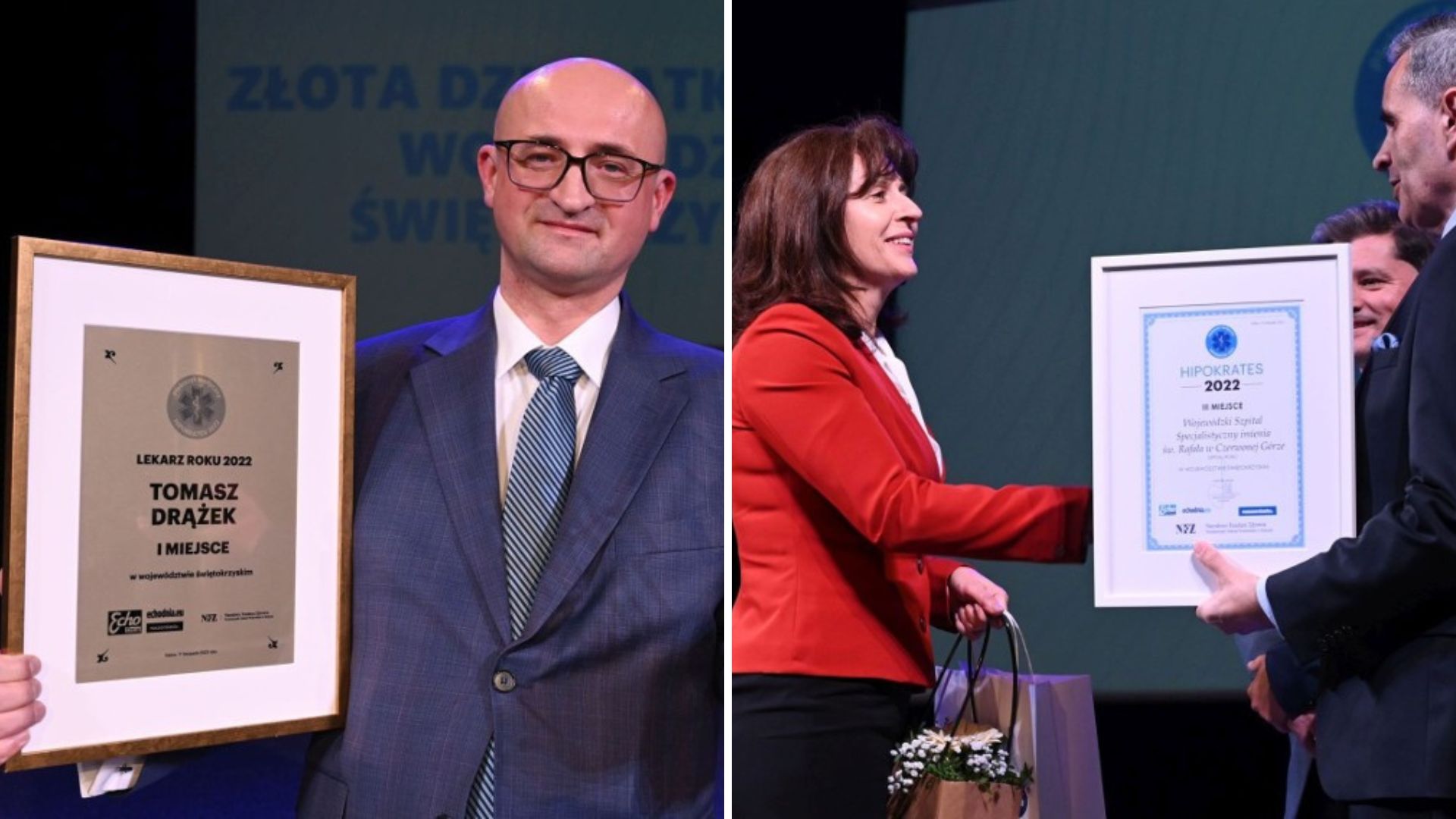 Tomasz Drążek pozujący do zdjęcia z nagrodą w kategorii "Lekarz Roku" oraz kobieta odbierająca nagrodę "Hipokrates 2022"