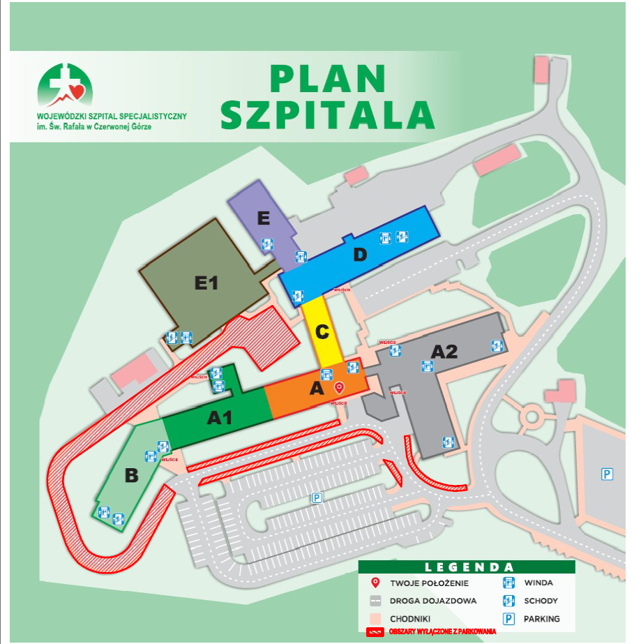 Zmiana oznaczeń pięter w budynkach C, D, E oraz E1 w Wojewódzkim Szpitalu Specjalistycznym im. Św. Rafała w Czerwonej Górze