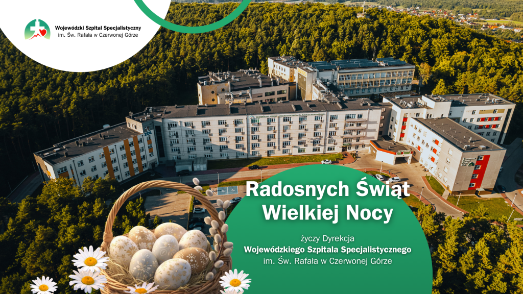 życzenia świąteczne, budynek szpitala z lotu ptaka otoczony lasem. Koszyczek z jajkami na święta