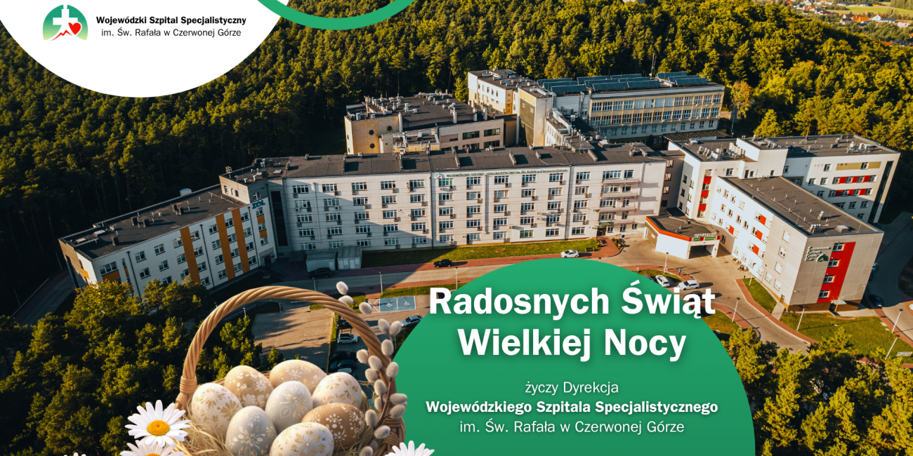 życzenia świąteczne, budynek szpitala z lotu ptaka otoczony lasem. Koszyczek z jajkami na święta