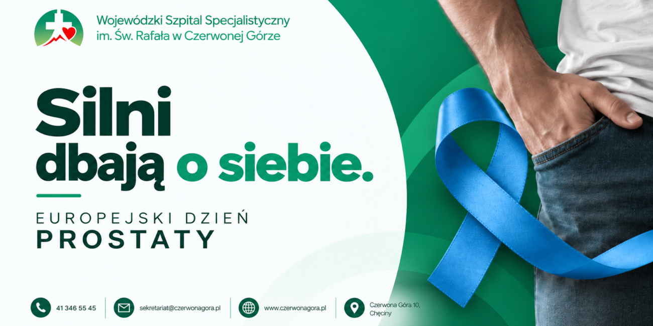 Baner Europejskiego Dnia Prostaty z hasłem „Silni dbają o siebie”. Mężczyzna trzyma niebieską wstążkę symbolizującą profilaktykę raka prostaty.