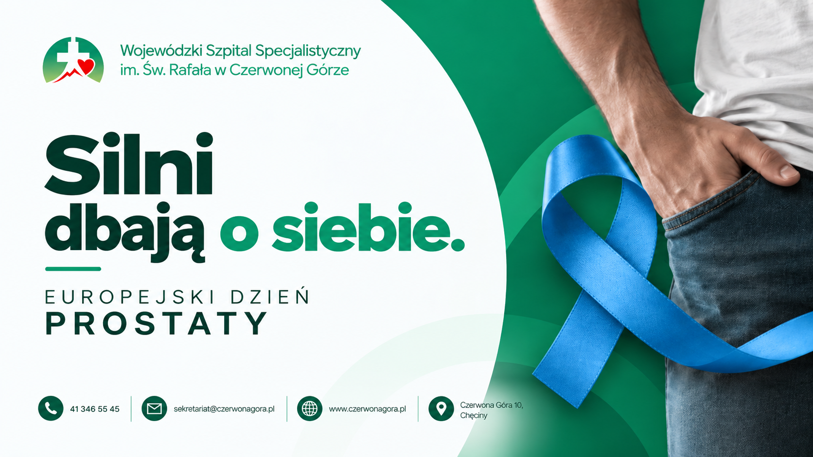 Baner Europejskiego Dnia Prostaty z hasłem „Silni dbają o siebie”. Mężczyzna trzyma niebieską wstążkę symbolizującą profilaktykę raka prostaty.